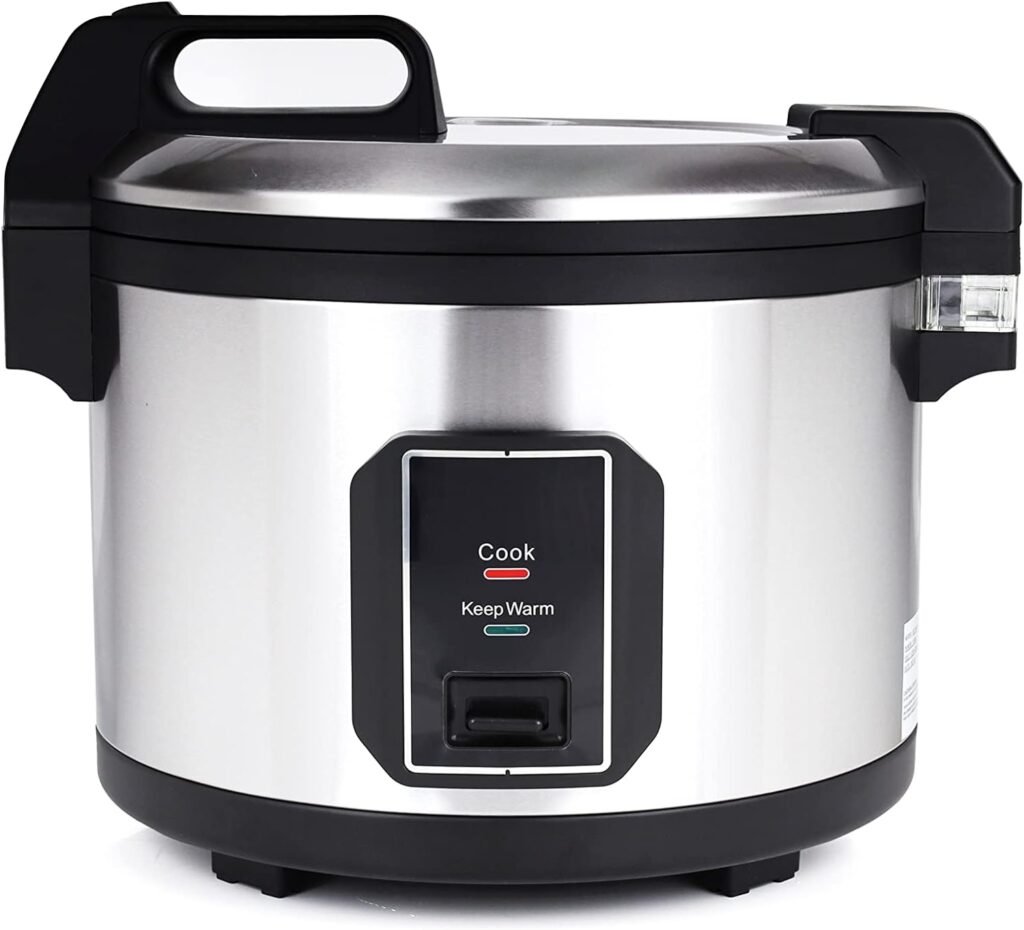 Commercial Stainless Steel Rice Cooker - Professional 64 Cup Cooked (32 Cup Uncooked) Rice Maker Cooker With Non Stick Pot  Hinged Lid - Includes a Rice Measuring Cup  Rice Scoop