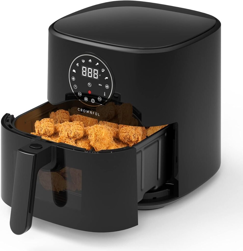CROWNFUL 5 Quart Air Fryer with Viewing Window, Oilless Cooker, LCD Digital Touch Screen, 7 Cooking Presets and 53 Recipes, Nonstick Basket, Easy to Clean, 1500W ETL Listed (Black)