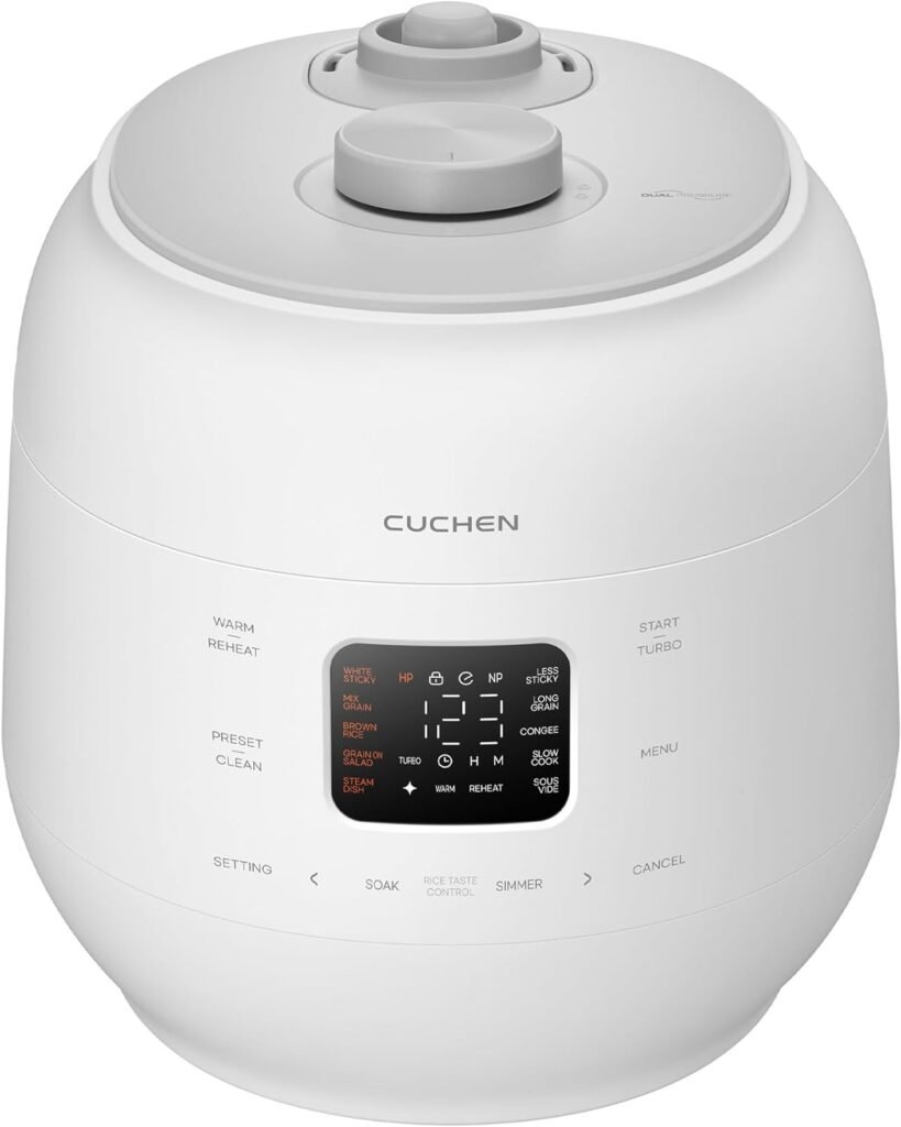 Cuchen CRS-FWK1040WUS Dual Pressure Rice Cooker 10 Cup and Warmer, High/Non-Pressure, Triple Power Packing, Easy Open Handle, Detachable Stainless Cover, Auto Steam Clean, White