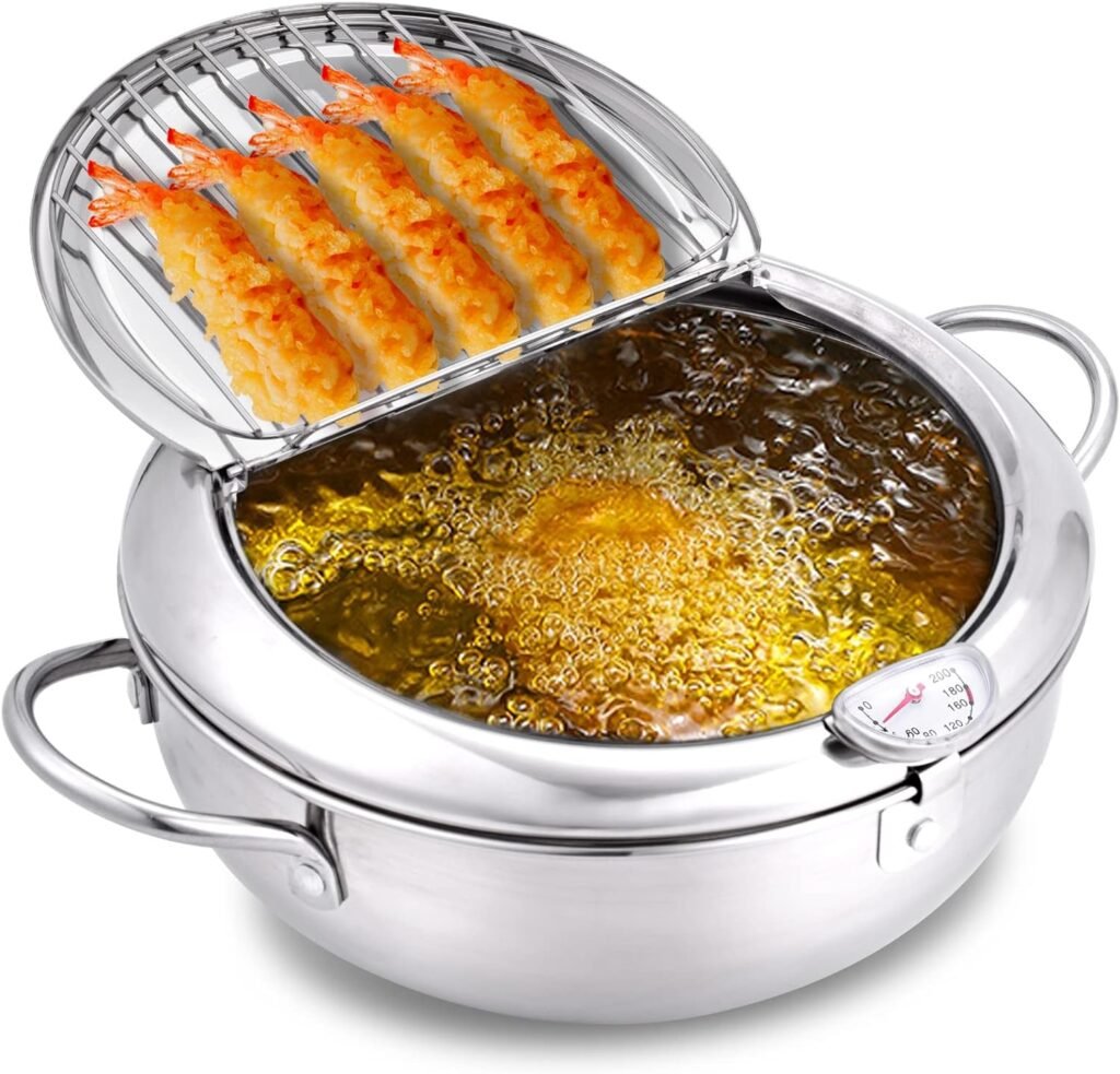 cuomaop,deep Fryer Pot,304 Stainless Steel with Temperature Control and Lid Japanese Style Tempura Fryer Pan Uncoated Fryer Diameter: 9.4