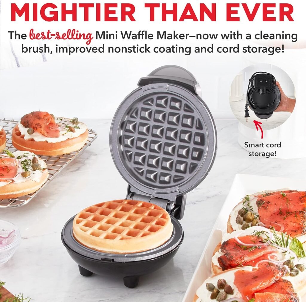 DASH Deluxe Mini Maker for Individual Waffles, Hash Browns, Keto Chaffles with Included Brush and Cord Wrap, and Easy to Clean Non-Stick Surfaces, 4 Inch, Storm Grey