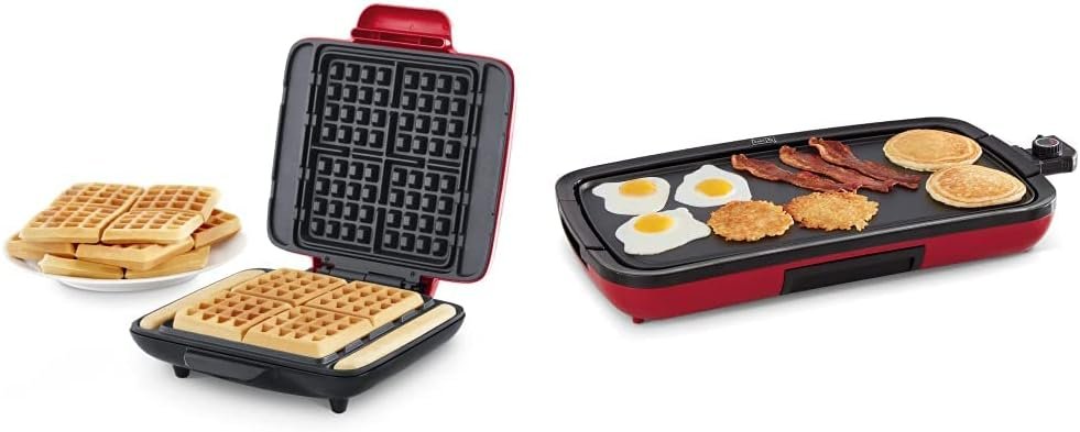 Dash Deluxe No-Drip Belgian Waffle Iron Maker Machine 1200W + Hash Browns, Red  Everyday Nonstick Deluxe Electric Griddle with Removable Cooking Plate, 20” x 10.5”, 1500-Watt, Red