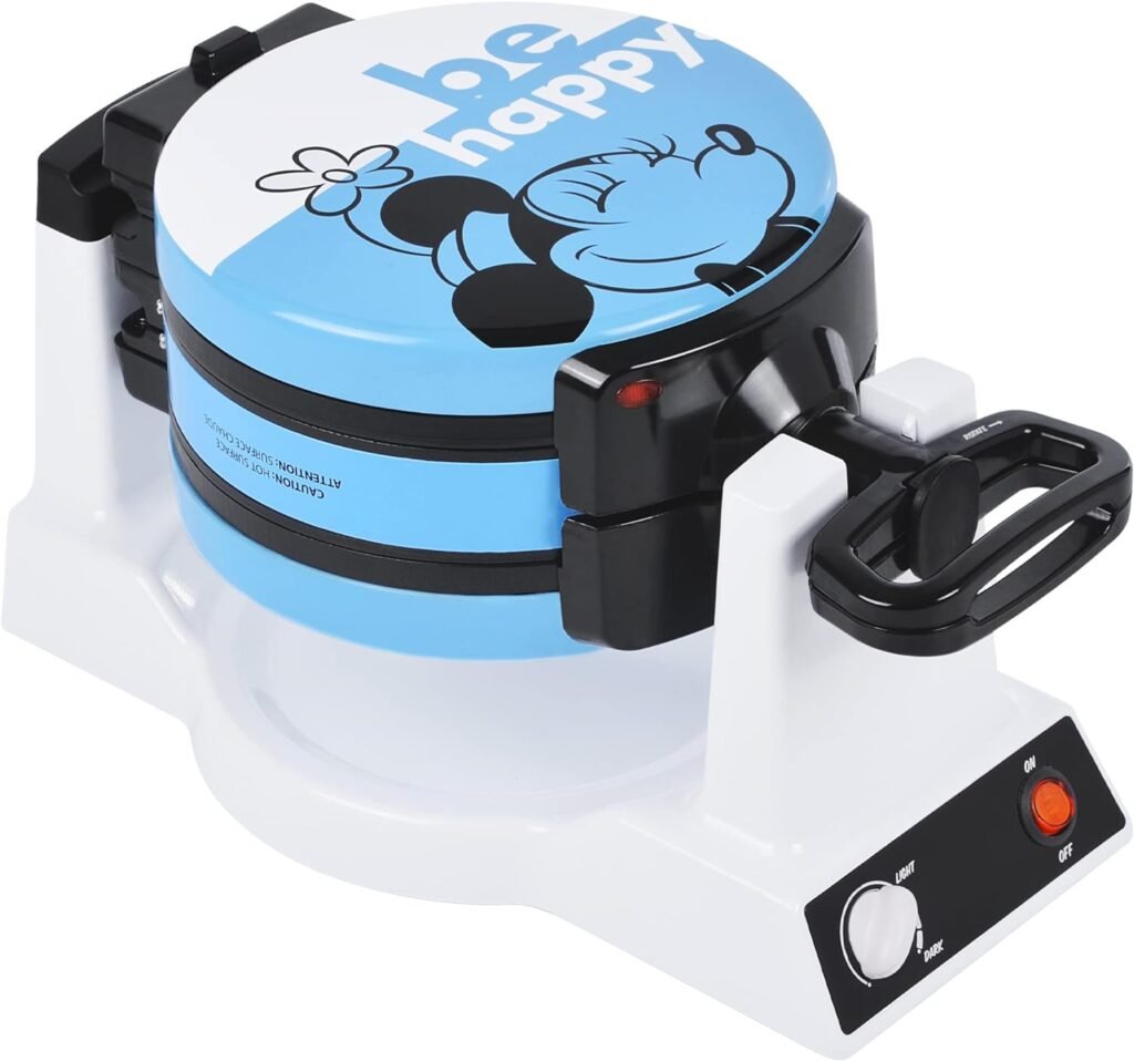 Disney Mickey  Minnie Double Flip Waffle Maker by Select Brands - Disney Waffle Maker - Features Non-Stick Plates - Blue Minnie  Mickey Mouse Waffle Iron for Disney Fans - Makes 6 Waffles