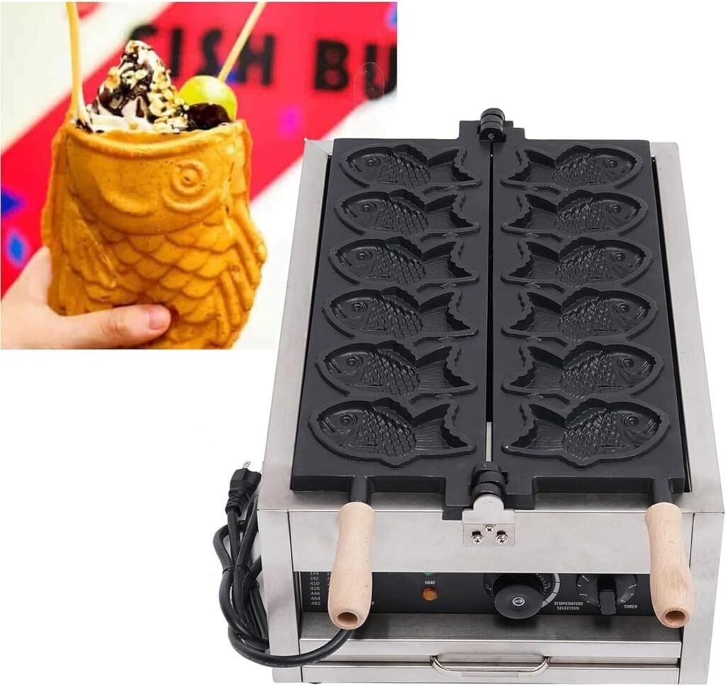 DYRABREST Taiyaki Fish Waffle Maker,Electric Commercial Fish Waffle Maker, 6Pcs Non-stick Stainless Steel Waffle Iron Baker Machine for Restaurant Cafe Snack Shop Food Stall