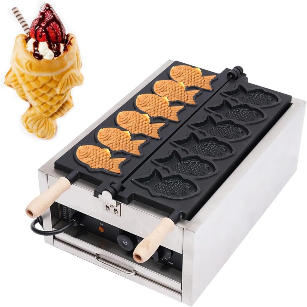 DYRABREST Taiyaki Fish Waffle Maker,Electric Commercial Fish Waffle Maker, 6Pcs Non-stick Stainless Steel Waffle Iron Baker Machine for Restaurant Cafe Snack Shop Food Stall