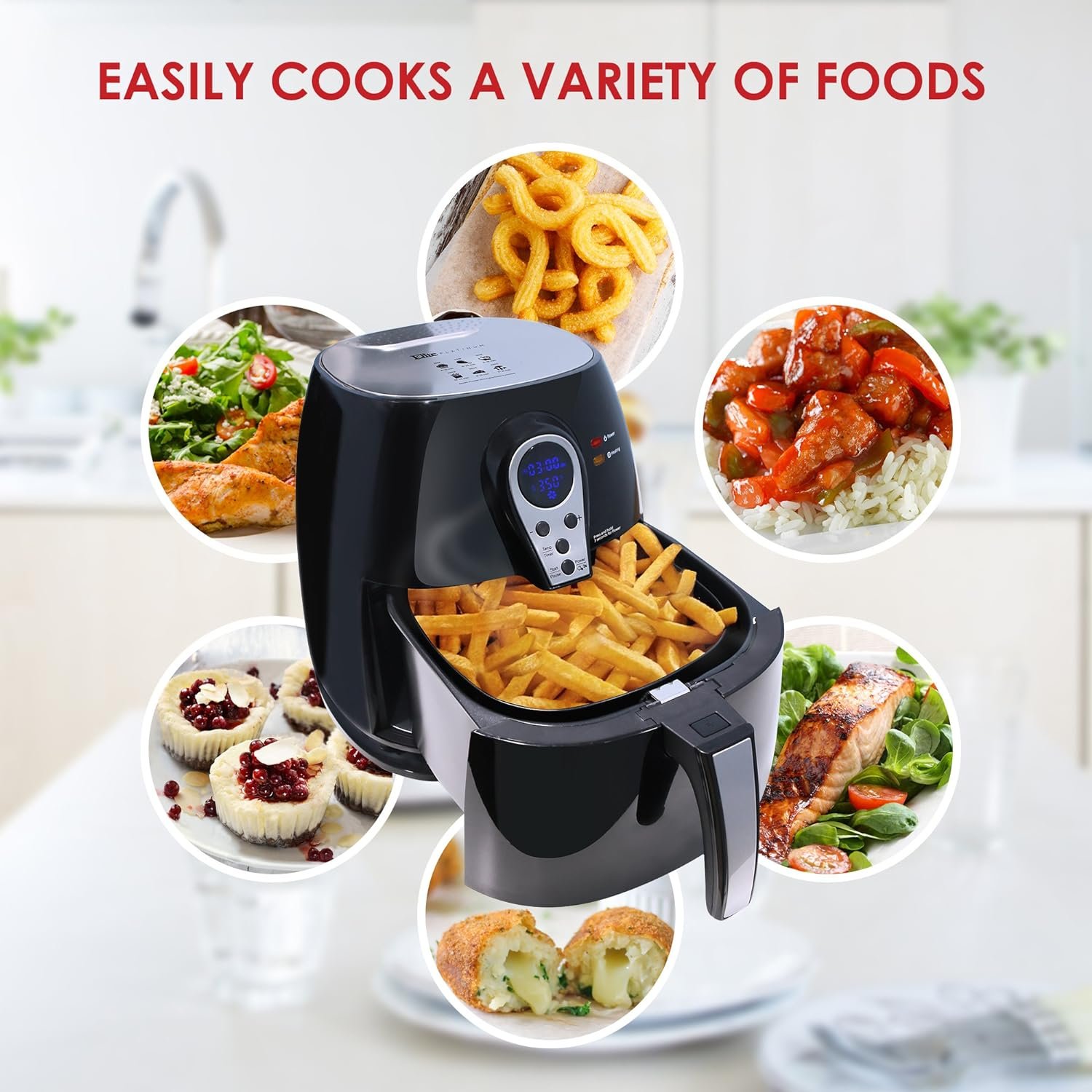 Elite Gourmet EAF1121BG Personal 1.1 Qt. Compact Space Saving Electric Hot Air Fryer Oil-Less Healthy Cooker, Timer  Temperature Controls, 1000W,Blue Gray