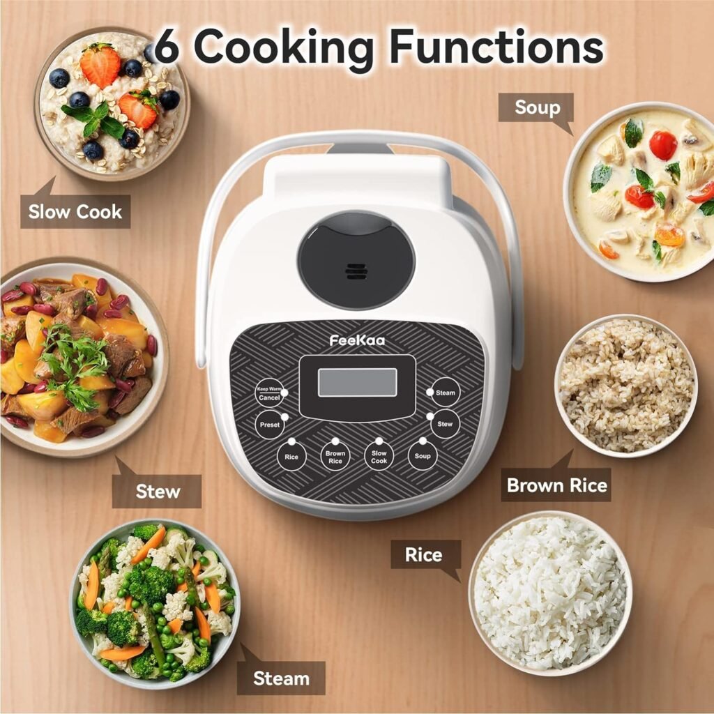 FeeKaa Mini Rice Cooker 2 Cup (uncooked), Rice Cooker Small 4 Cup (cooked), 6-in-1 Portable Slow Cooker, Travel Rice Maker, Soup Maker, Stew Pot, 24H Keep Warm  Delay Timer, White