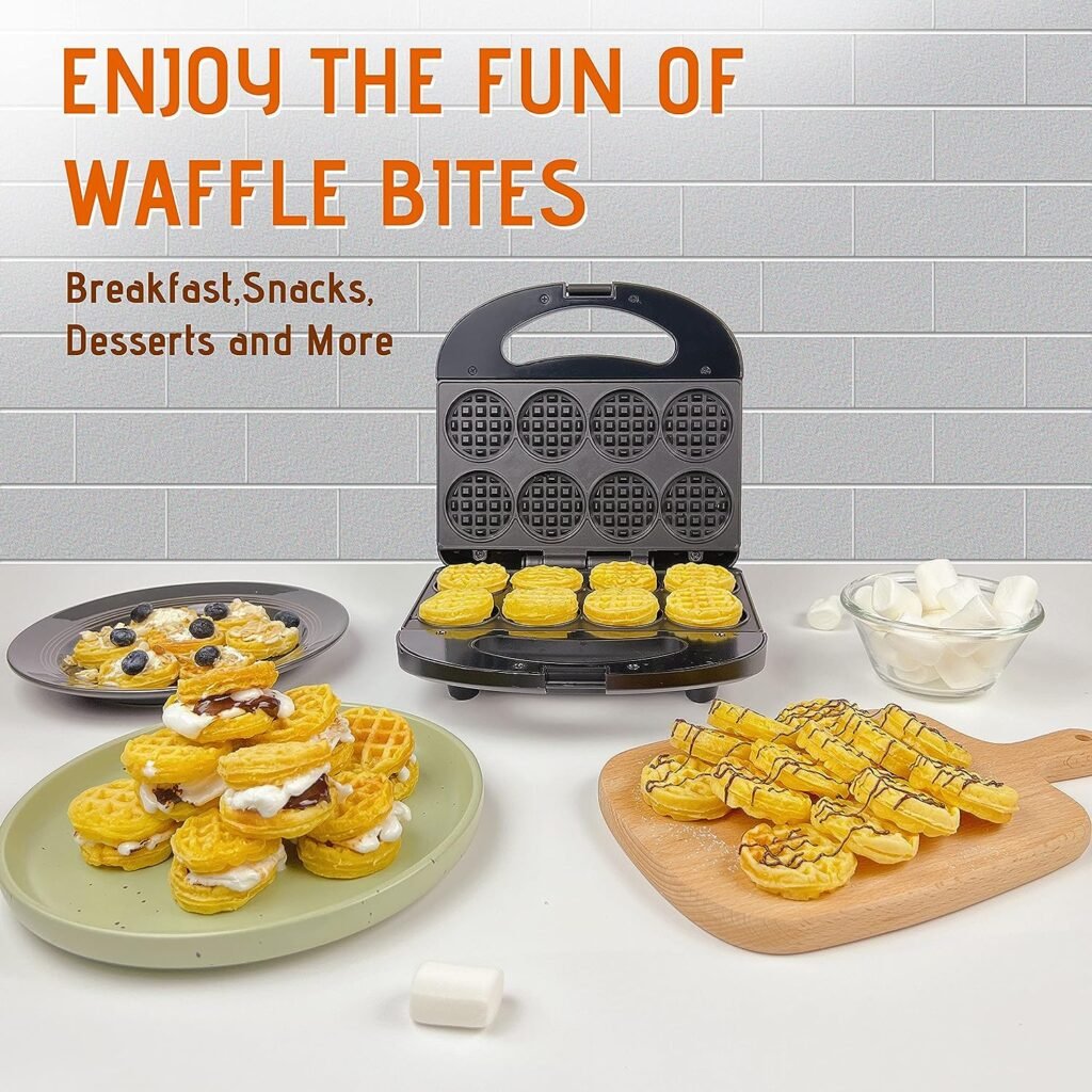 FineMade Mini Waffle Maker Machine, Small Waffle Bites Maker for Kids, Makes 8 x 2” Tiny Waffle Bites, Ideal for Breakfast, Snacks, Desserts and More