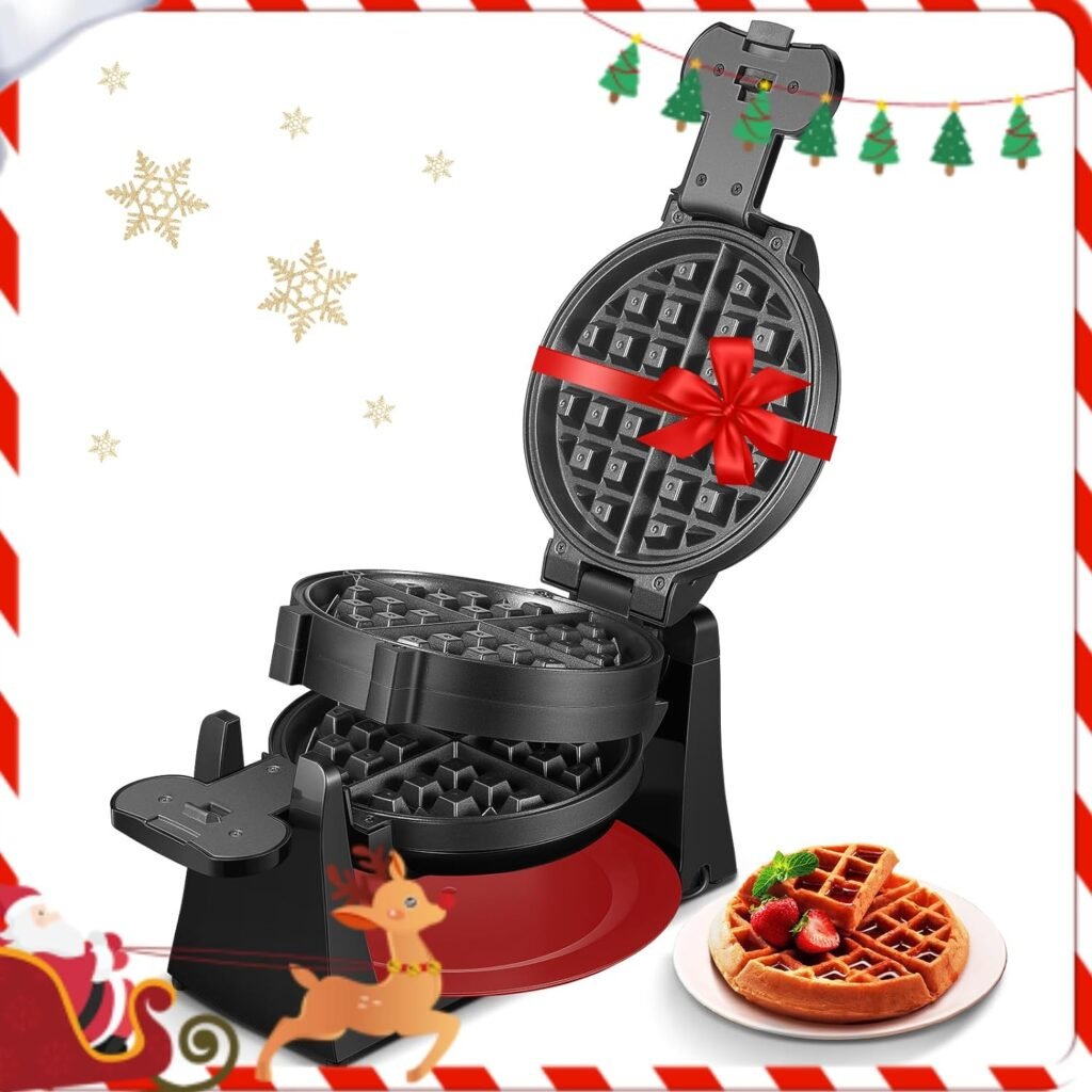 FOHERE Double Waffle Maker, Belgian Waffle Maker Iron 180° Flip Double Waffle, 8 Slices, Rotating  Nonstick Plates, Removable Drip Tray, Cool Touch Handle, Red, 1400W