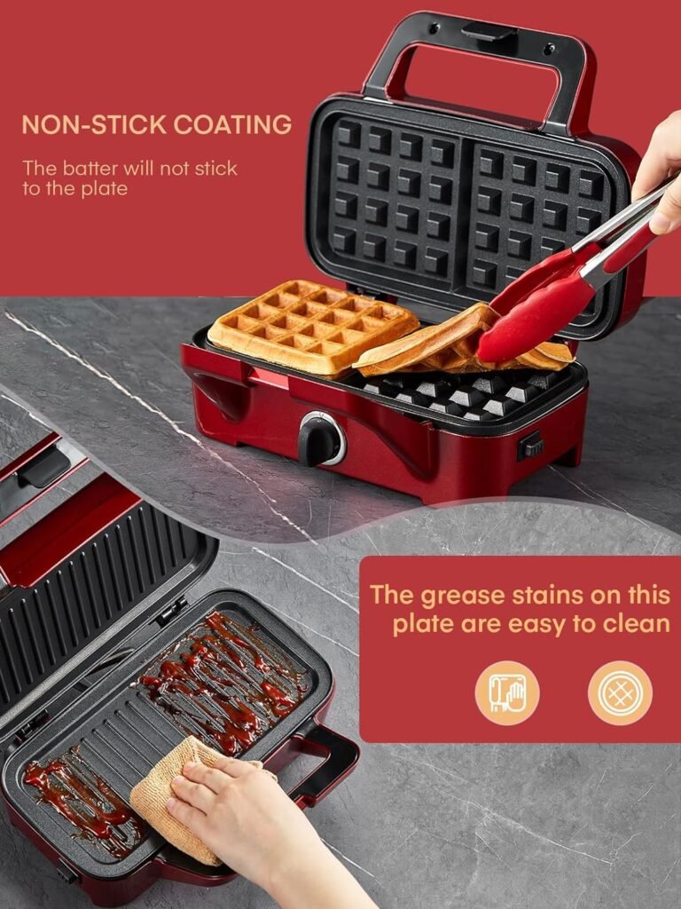 FOHERE Waffle Maker 3 in 1 Sandwich Maker 1200W Panini Press With Removable Plates and 5-gear Temperature Control, Non-stick Coating Easy to Clean,Indicator Lights, Red