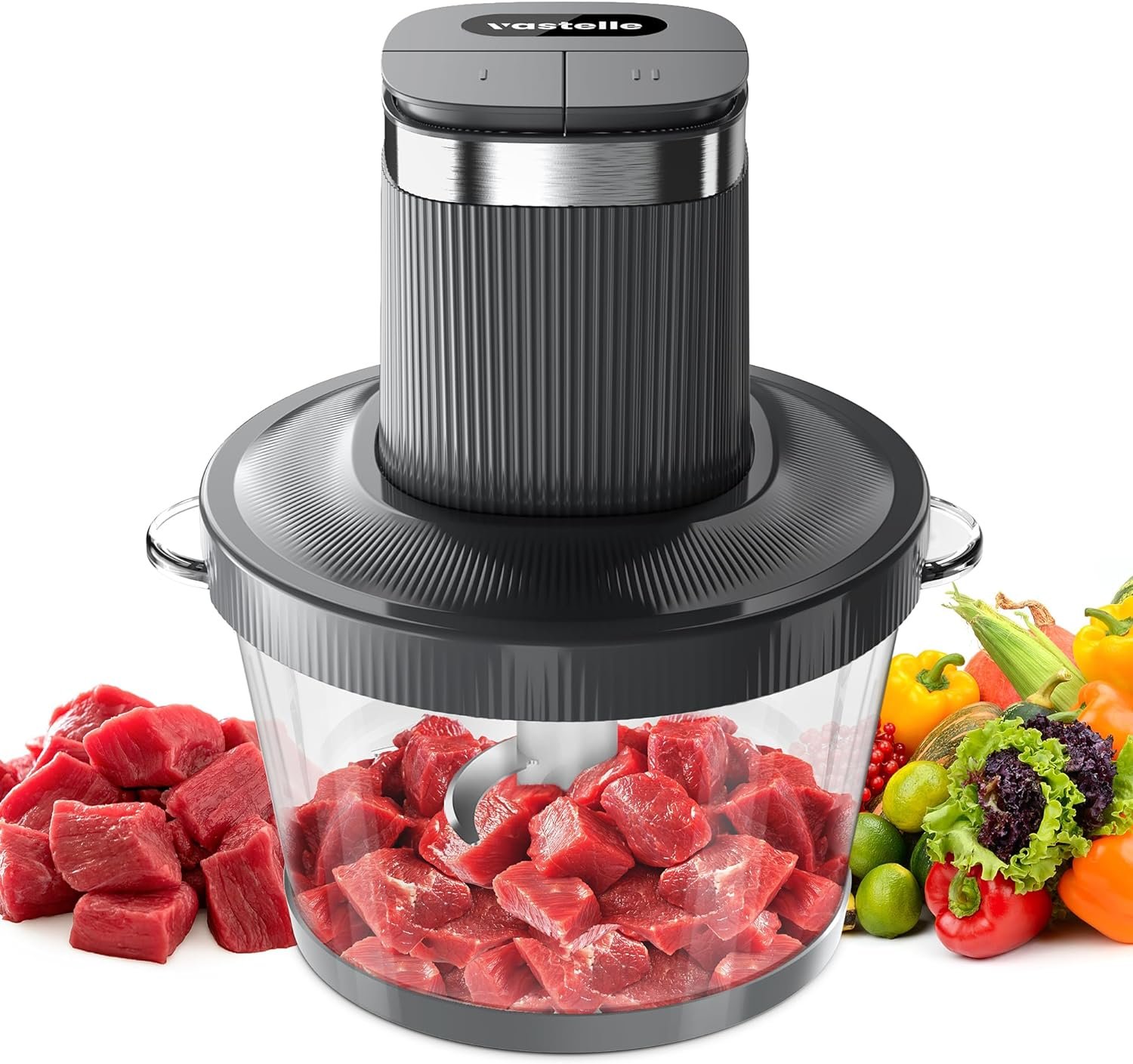 Food Processor, VASTELLE Electric Food Chopper for Meat, Vegetables, Fruits and Nuts, 8 Cup Glass Bowl Food Grinder with 2 Speed, Grey