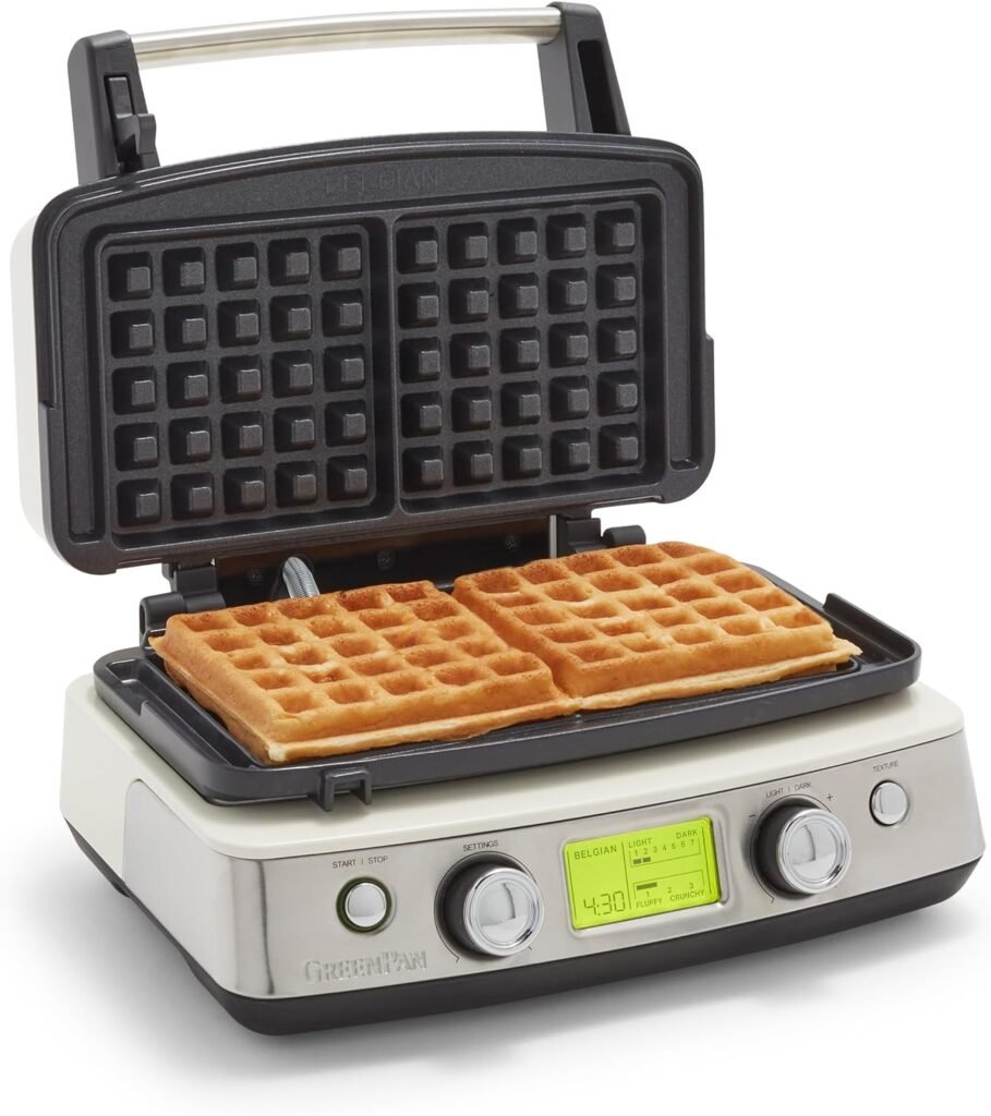 GreenPan Elite 2-Square Belgian  Classic Waffle Iron, Healthy Ceramic Nonstick Aluminum Dishwasher Safe Plates, Adjustable Shade/Crunch Controls, Wont Overflow, Easy Cleanup Breakfast, Cream White