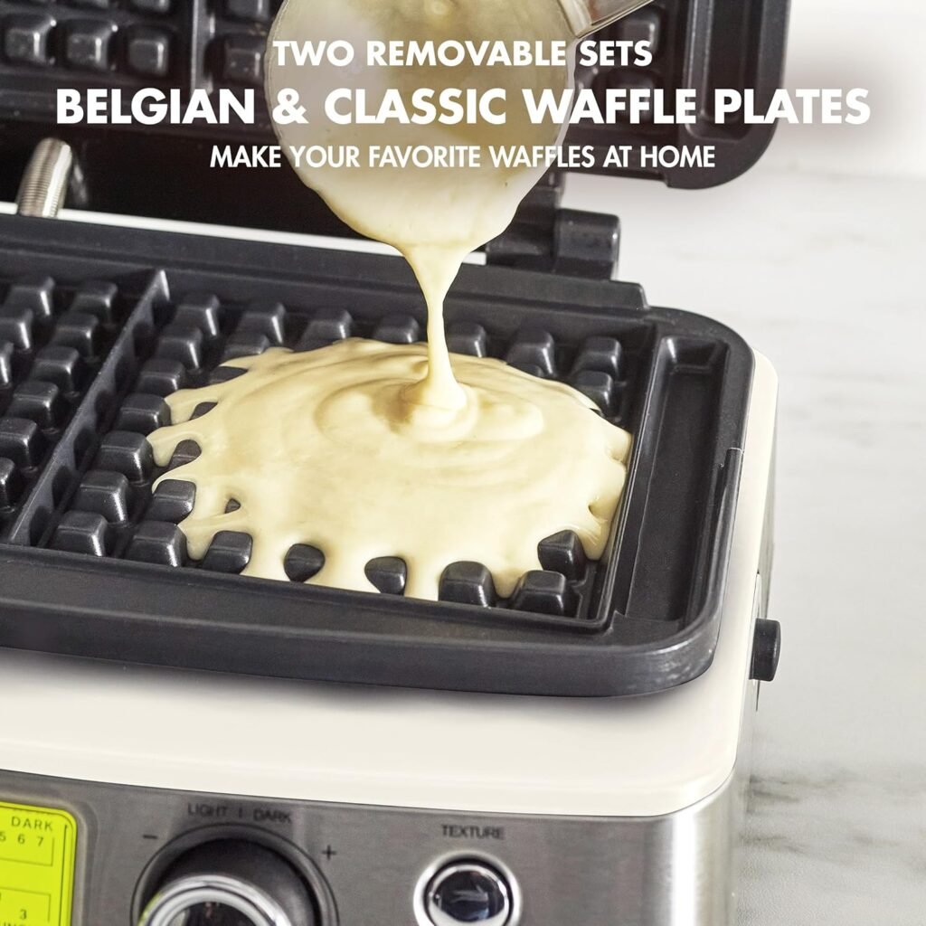 GreenPan Elite 2-Square Belgian  Classic Waffle Iron, Healthy Ceramic Nonstick Aluminum Dishwasher Safe Plates, Adjustable Shade/Crunch Controls, Wont Overflow, Easy Cleanup Breakfast, Cream White