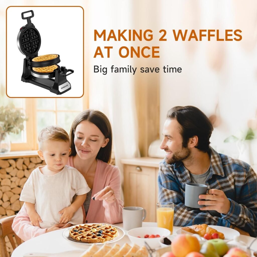 Greeze Double Belgian Waffle Maker, 1400W Newest Stainless Steel Waffle Iron 180° Flip, 8 Slices, Rotating  Nonstick Plates with Locking Buckle  Cool Touch Handles, Easy To Clean