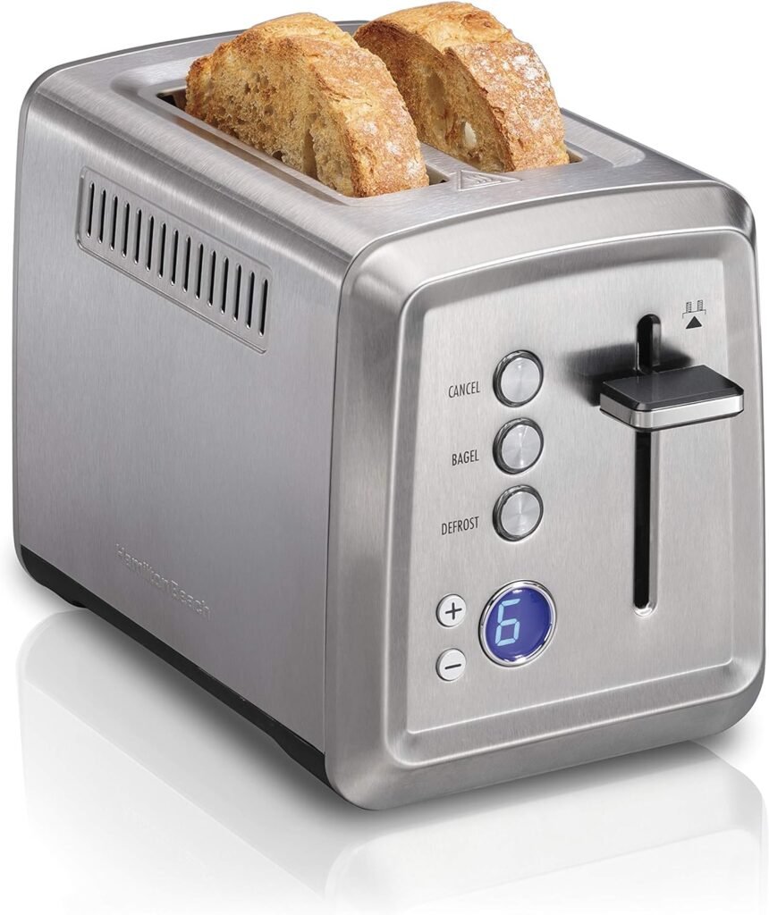Hamilton Beach 2 Slice Toaster with Extra-Wide Slots, Bagel Setting, Toast Boost, Slide-Out Crumb Tray, Auto-Shutoff  Cancel Button, Digital with Defrost Function, Stainless Steel (22796)