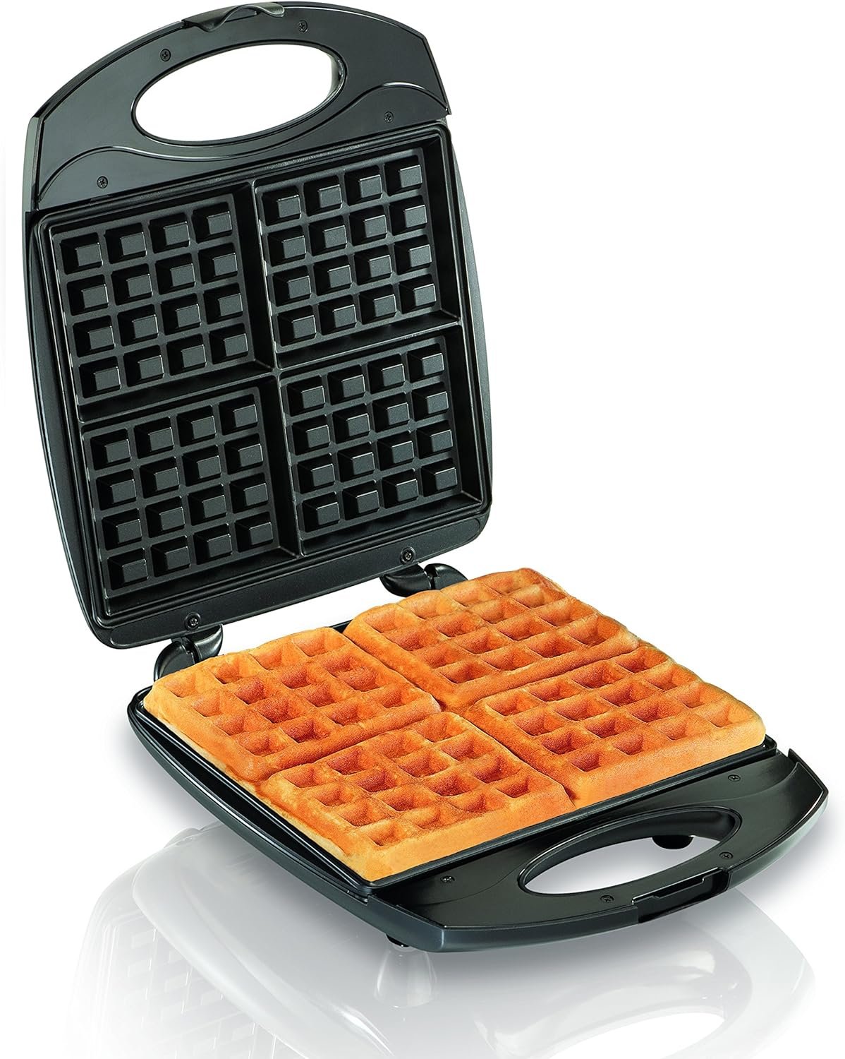 Hamilton Beach 4-Slice Non-Stick Belgian Waffle Maker with Indicator Lights, Compact Design, Black (26020)  Beach Electric Indoor Grill, 6-Serving, Nonstick Easy Clean Plates, Silver (25371)