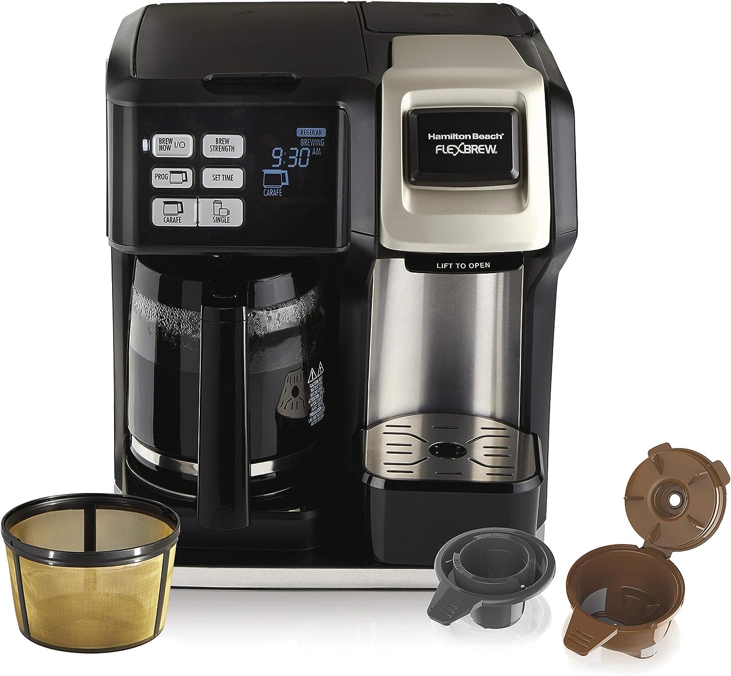Hamilton Beach FlexBrew Trio 2-Way Coffee Maker, Compatible with K-Cup Pods or Grounds, Single Serve  Full 12c Pot, Permanent Gold-Tone Filter, Black  Silver