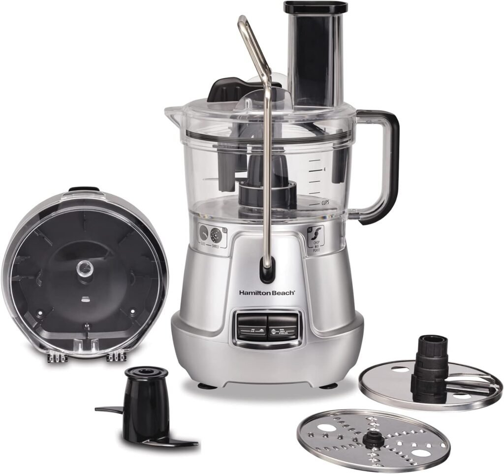 Hamilton Beach Stack  Snap 8-Cup Food Processor  Vegetable Chopper with Adjustable Slicing Blade, Built-in Bowl Scraper  Storage Case, Silver (70820)