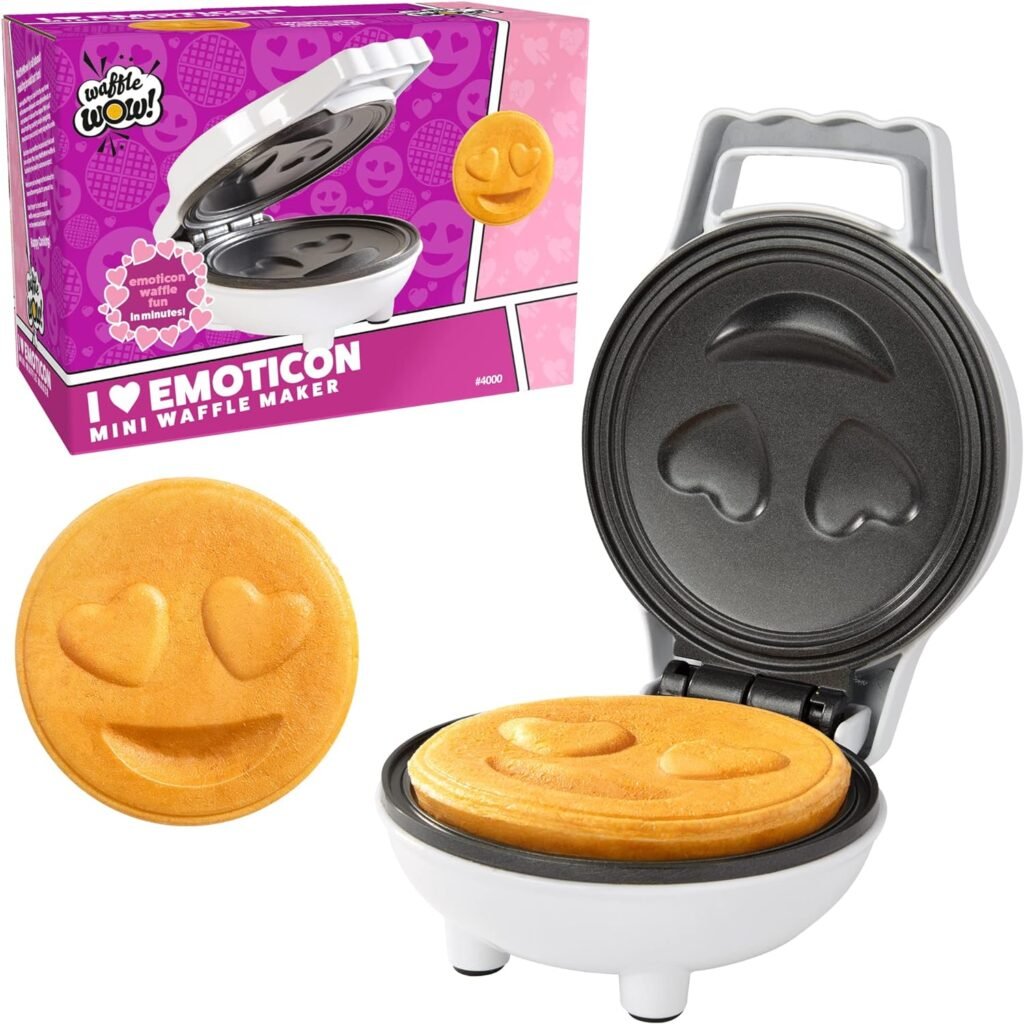 Heart Eyes Emoji Mini Waffle Maker - Make Breakfast Special for Boys  Girls w Cute Personal-Sized 4 Smiley Face Pancakes- NonStick Easy to Clean, Unique Fun Gift or Morning Treat for Him Her or Kids
