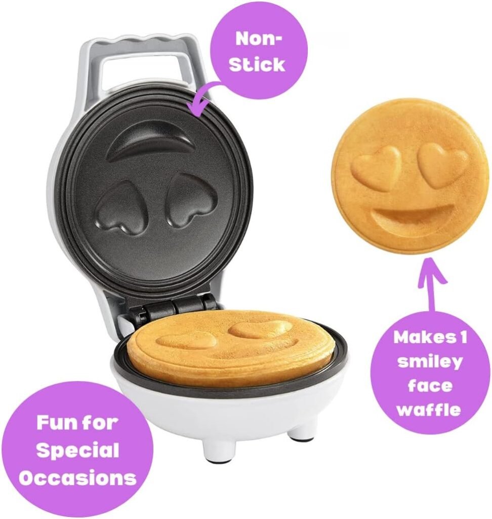 Heart Eyes Emoji Mini Waffle Maker - Make Breakfast Special for Boys  Girls w Cute Personal-Sized 4 Smiley Face Pancakes- NonStick Easy to Clean, Unique Fun Gift or Morning Treat for Him Her or Kids