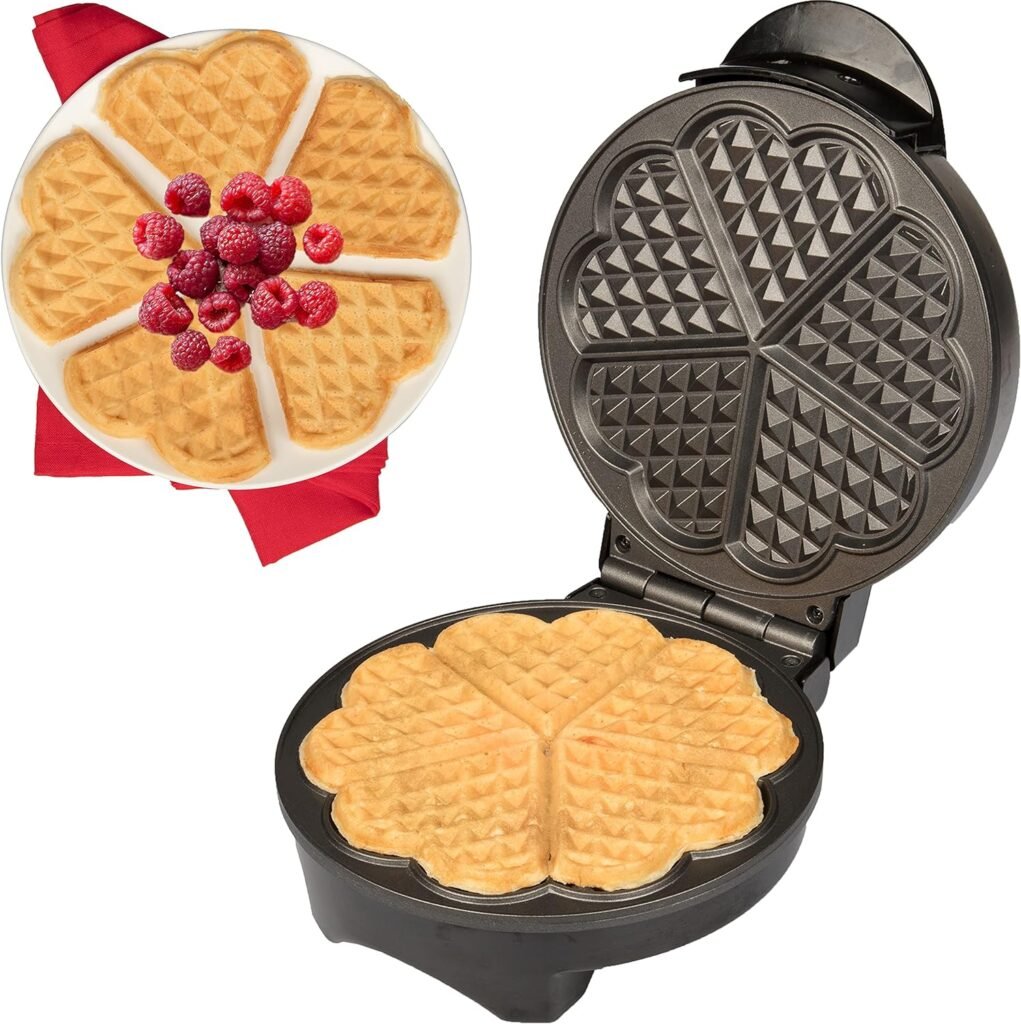 Heart Waffle Maker - Makes 5 Heart-Shaped Waffles - Non-Stick Baker for Easy Cleanup, Electric Waffler Griddle Iron w Adjustable Browning Control- Special Breakfast for Loved Ones or Summer Treat