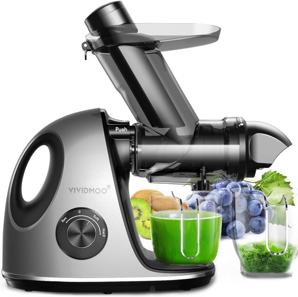 Juicer Machines, Cold Press Juicer Machines 3 inches Wide Chute, Vividmoo Slow Masticating Juicer, Celery Juicers with Reverse Function  Quiet Motor, High Yield Juice Extractor with Handle