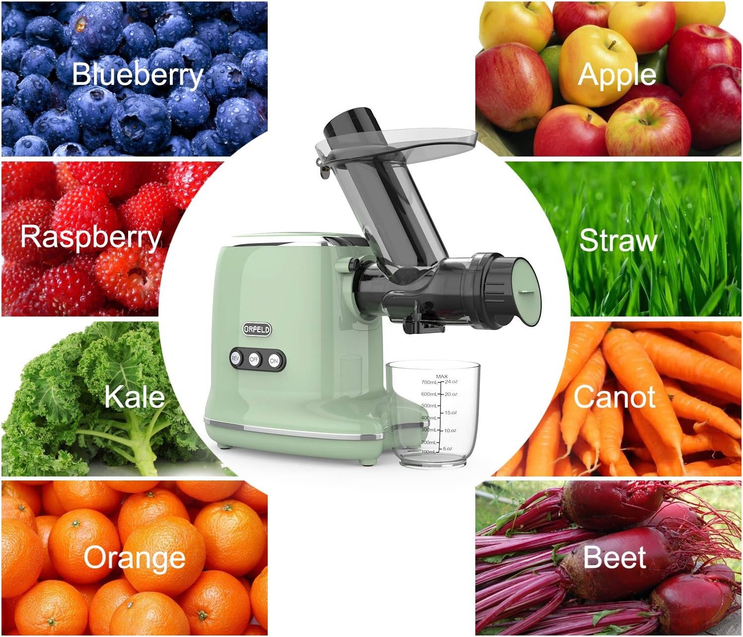 Juicer Machines, ORFELD Juicers for Fruits and Vegetables Easy to Clean, Slow Masticating Juicer w/ Quiet Motor  Brush, Celery Extractor for High Juice Yield  Pure Taste, Reverse Function, Anti-clogging, BPA-Free (Red)