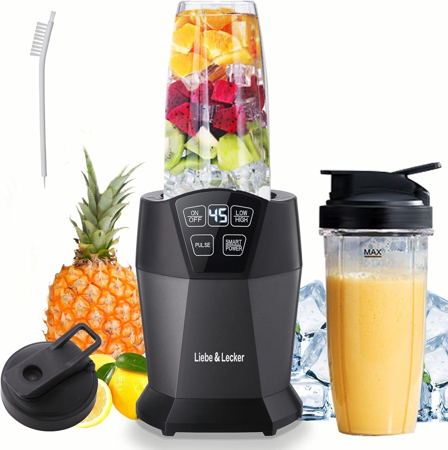 Liebe  Lecker Personal Blender with 1200W-Peak-Watts, Smart technology for Frozen Drinks, Shakes, Smoothies  Sauces, with two 28-oz To-go Cups  Spout Lids, Black