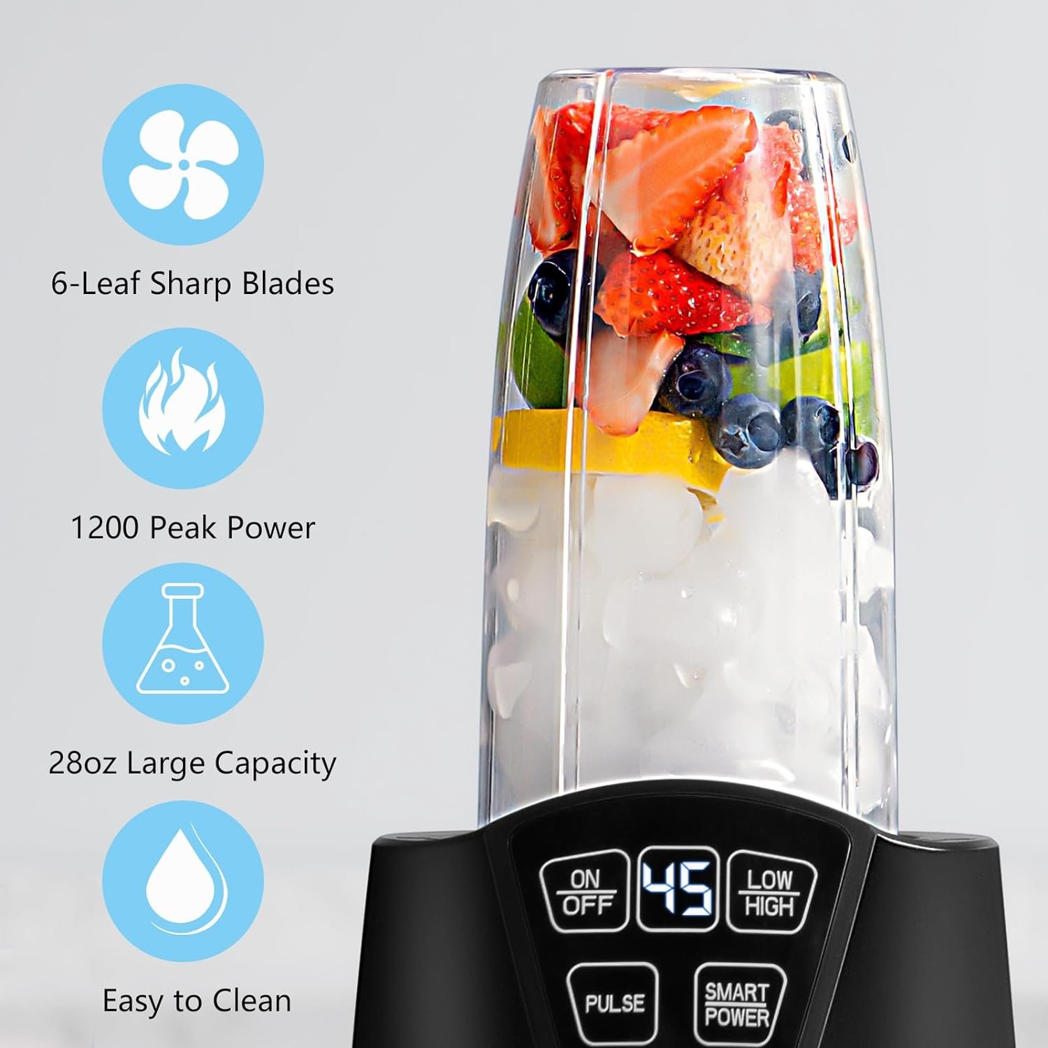 Liebe  Lecker Personal Blender with 1200W-Peak-Watts, Smart technology for Frozen Drinks, Shakes, Smoothies  Sauces, with two 28-oz To-go Cups  Spout Lids, Black