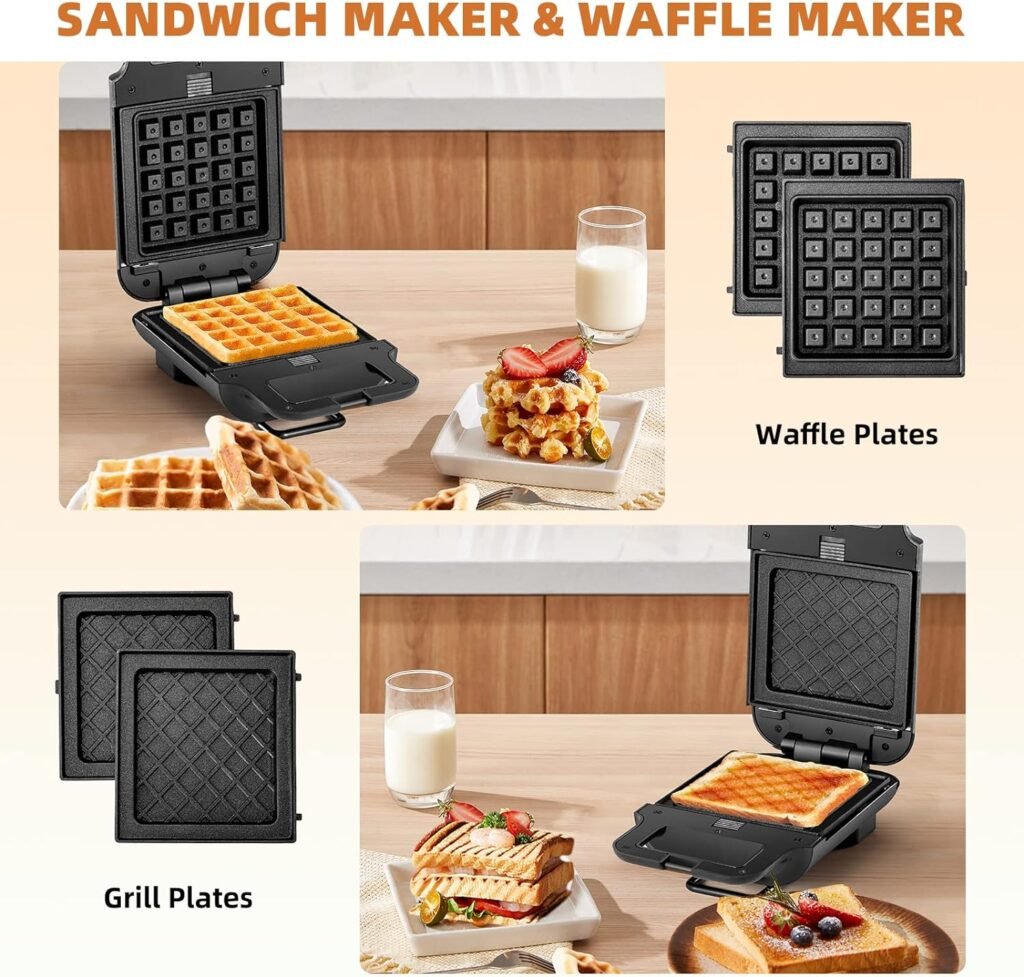 Mini Waffle Maker, Waffle Iron, Non-Stick 2-in-1 Waffle Machine with Removable Plates, Belgian Waffle Maker with Easy to Clean, Black