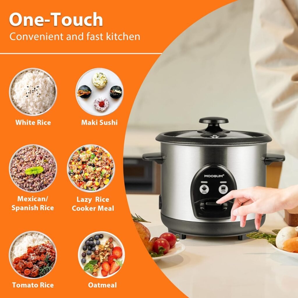 MOOSUM Electric Rice Cooker with One Touch for Asian Japanese Sushi Rice, 3-cup Uncooked/6-cup Cooked, FastConvenient Cooker with Ceramic Nonstick inner pot, Stainless Steel Housing and Auto Warmer