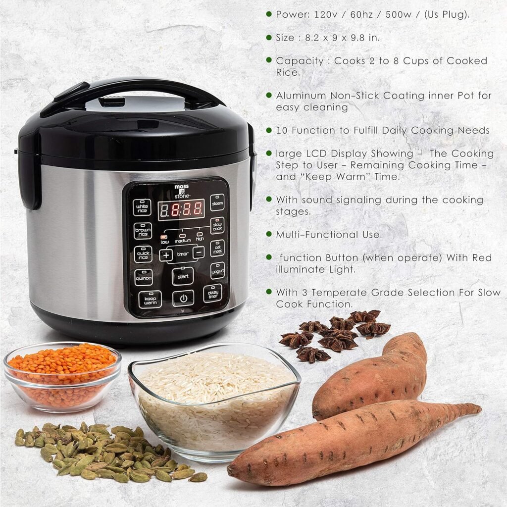 Moss  Stone Electric Multicooker Digital Rice Cooker Small 4-8 Cup 10 Pre-Programmed Settings Brown White / Food Steamer, Slow With Steamer For Vegetables, Nonstick Pot Stainless Steel