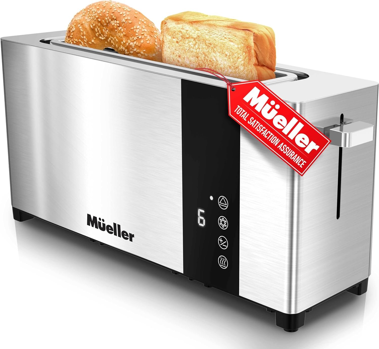 Mueller UltraToast Full Stainless Steel Toaster 2 Slice, Long Extra-Wide Slots with Removable Tray, Cancel/Defrost/Reheat Functions, 6 Browning Levels with LED Display