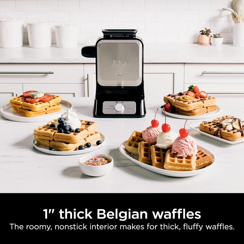 Ninja BW1001 NeverStick PRO Belgian Waffle Maker, Vertical Design, 5 Shade Settings, with Precision-Pour Cup  Chef-curated Recipe Guide, Black  Silver: Home  Kitchen