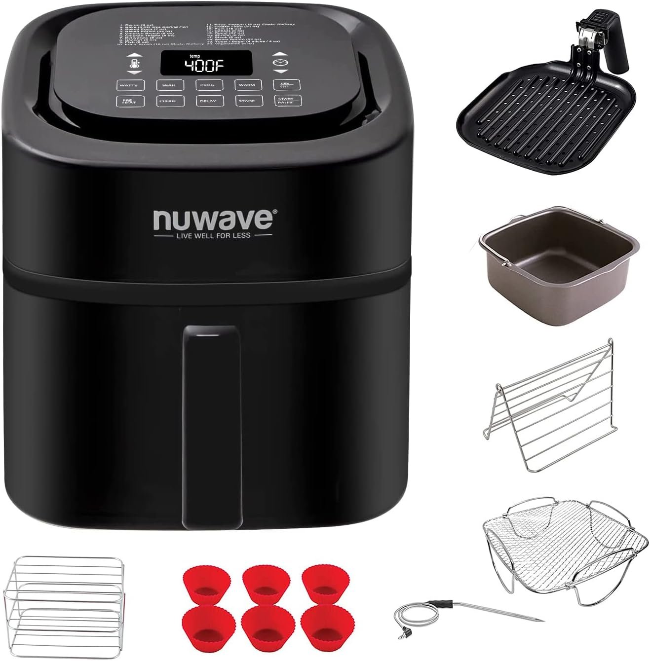 Nuwave Brio 6-Quart Healthy Digital Smart Air Fryer with Probe One-Touch Digital Controls, Advanced Cooking Functions, Removable Divider Insert  Grill Pan (NEW ACCESSORY),Black