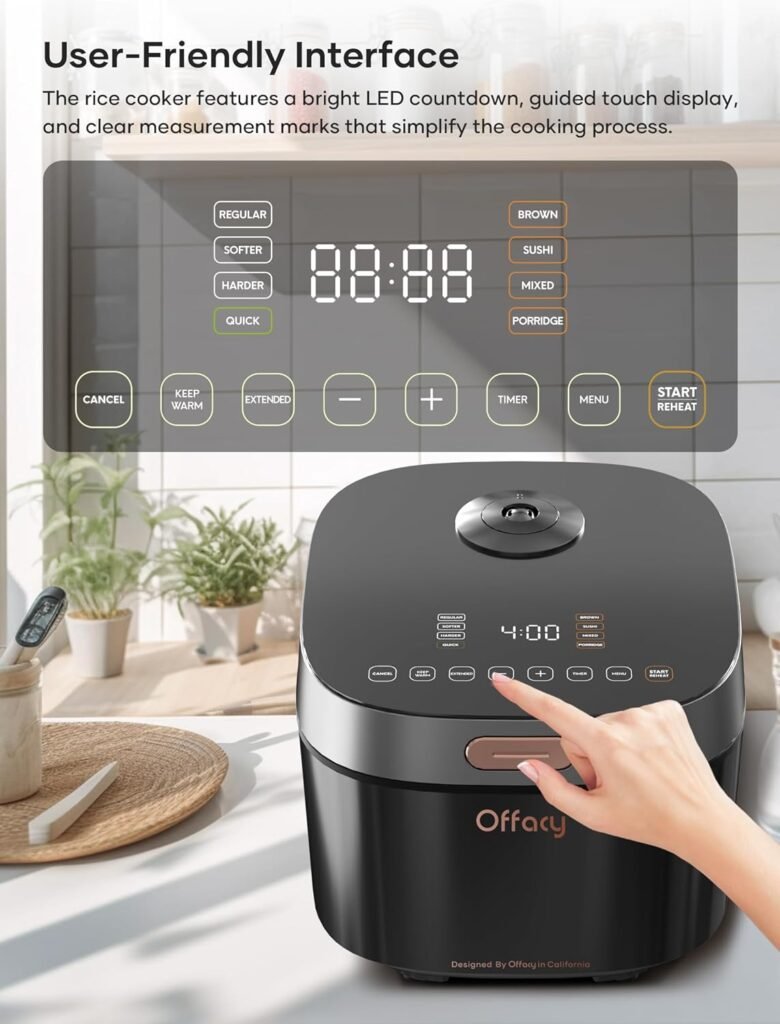 Offacy Rice Cooker Maker 8 Cup Uncooked 8 Preset Programs, Smart Fuzzy Logic, Large Stainless Steel Steamer, Friendly Touch Panel and LED HD Display, Auto Keep Warm, Quick Cook, Black