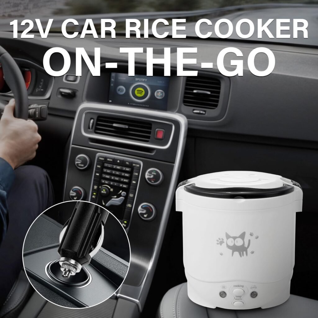 OSBA Mini Rice Cooker, 1L Small Rice Cooker 2 Cup-uncooked Travel Rice Cooker 12V for Car with Steamer, Auto Keep Warm Suitable For 1-2 People, White