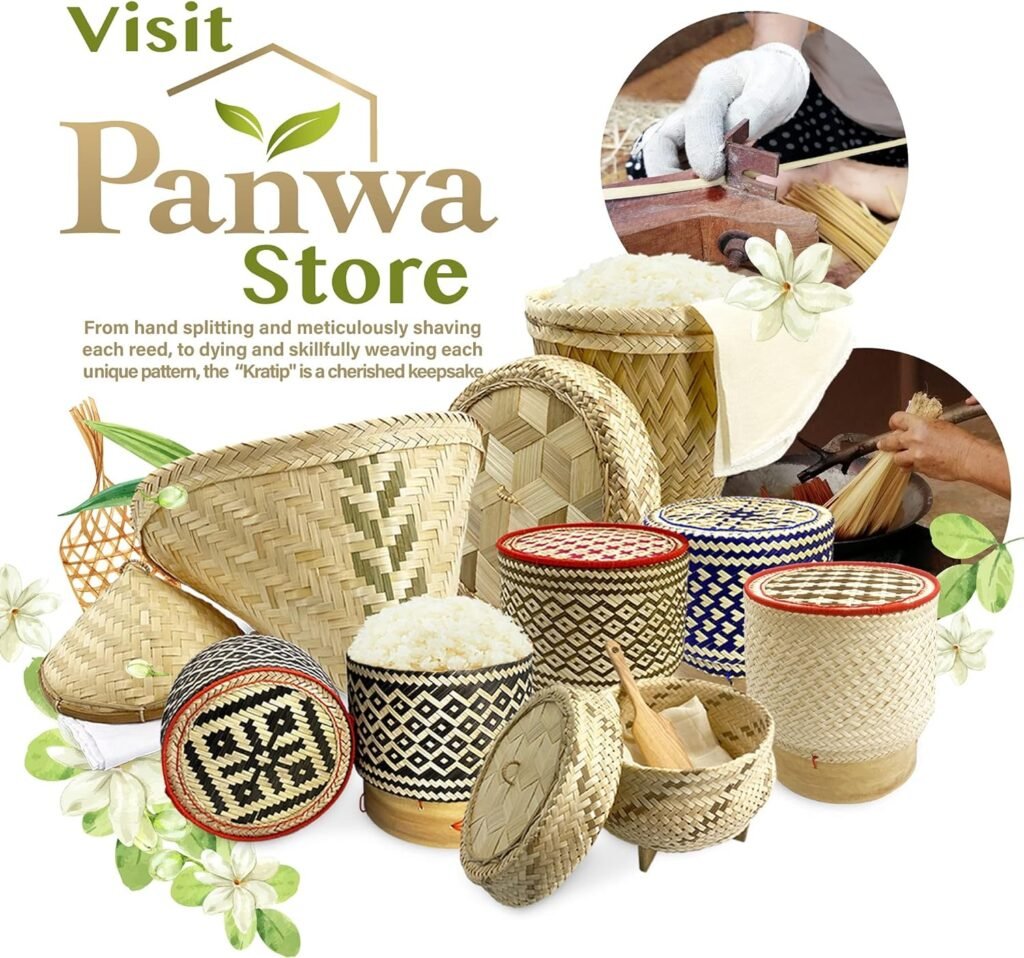 PANWA Sticky Rice Cooking Set Aluminum Cook Pot Diameter 8 1/2 (22 cm), Thai Bamboo Satin Weave Sticky Rice Cooking Basket with 24’’ Cheesecloth and Wicker Lid