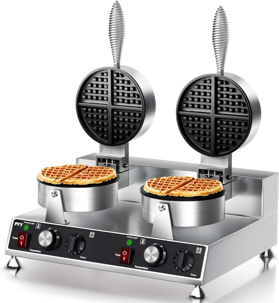 PYY Commercial Waffle Maker Double Waffle Maker Large Stainless Steel Waffle Maker Silver Non-stick Electric Chaffle Maker for Restaurant Party Food Stall