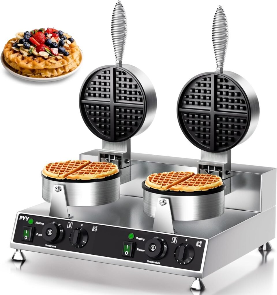 PYY Commercial Waffle Maker Double Waffle Maker Large Stainless Steel Waffle Maker Silver Non-stick Electric Chaffle Maker for Restaurant Party Food Stall