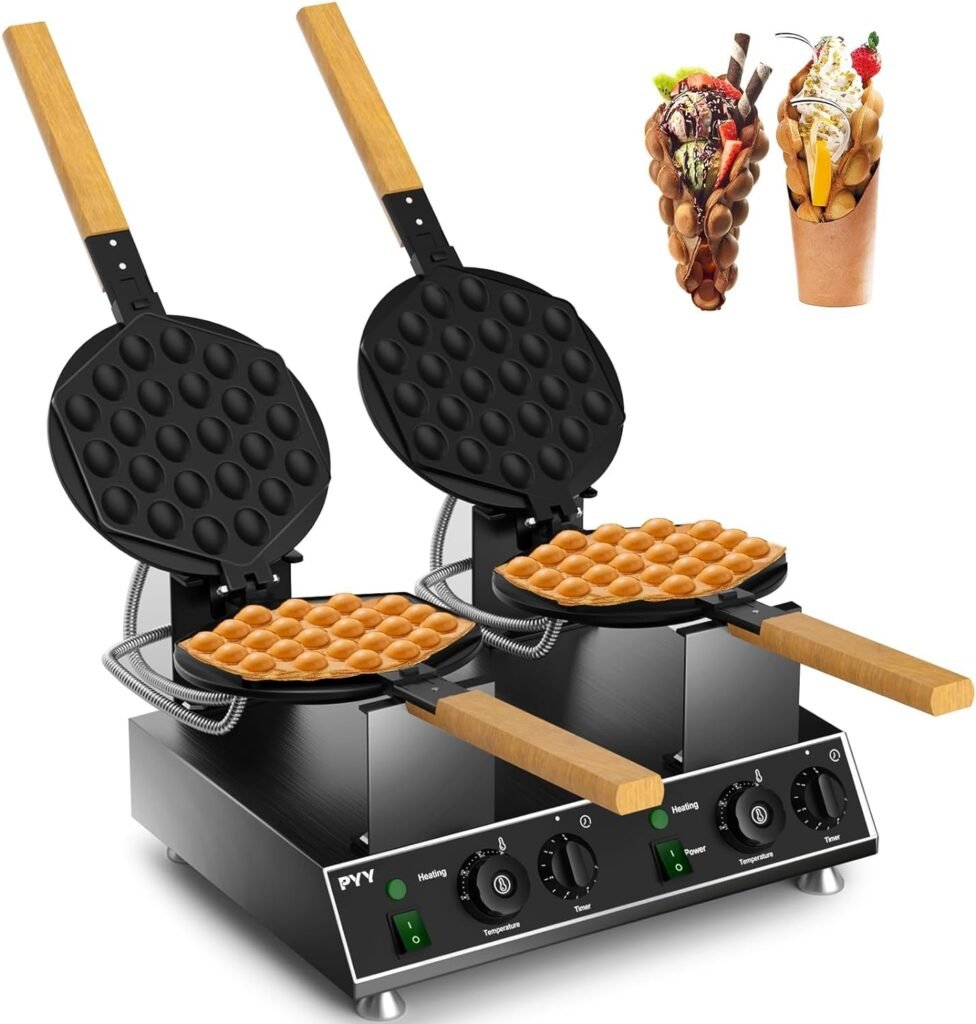 PYY Double Bubble Waffle Maker Commercial Waffle Maker Non-stick Hong Kong Egg Waffle Maker for Home Use Stainless Steel Pancake Maker 180° rotate, 1500W 110V Electric Cone Maker 50-250℃/122-482℉