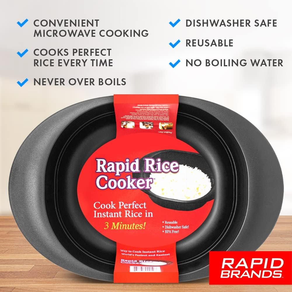 Rapid Rice Cooker | Microwave Rice Blends in Less Than 3 Minutes | Perfect for Dorm, Small Kitchen, or Office | Dishwasher-Safe, Microwaveable,  BPA-Free (Black, 1 Pack)