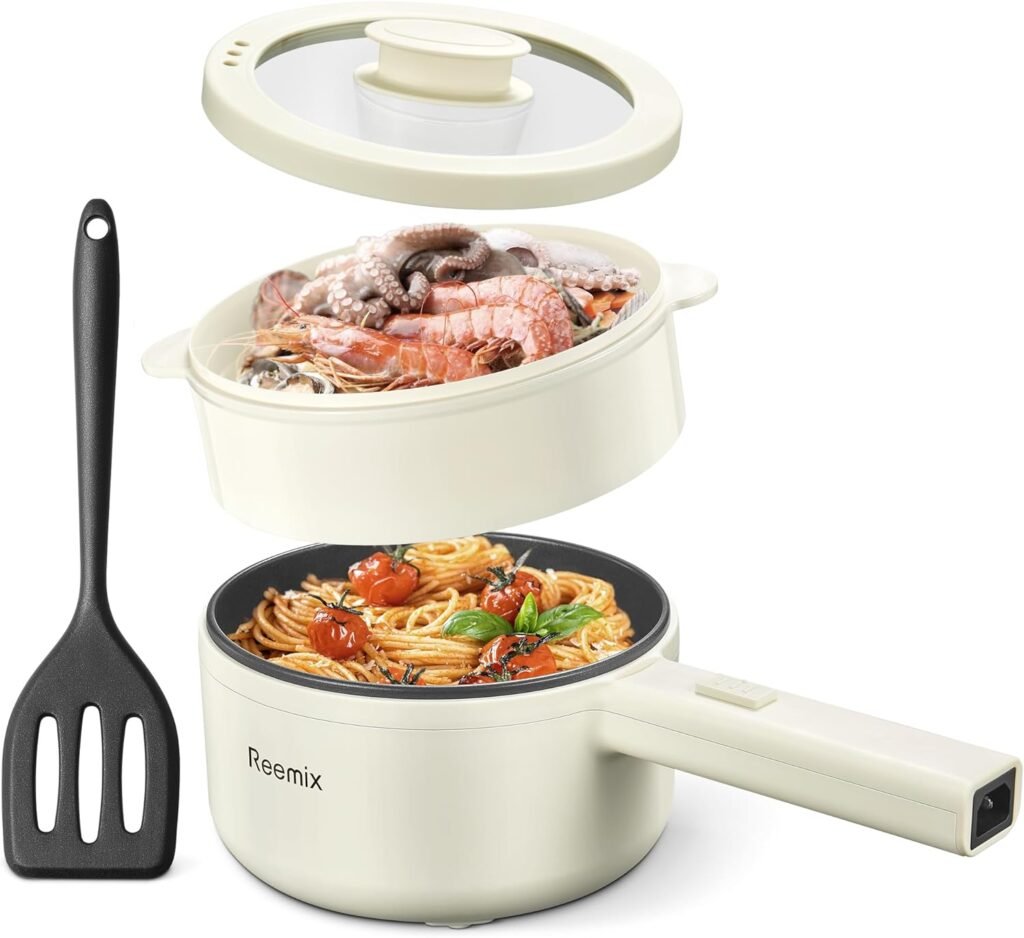 Reemix Hot Pot Electric With Steamer, 1.6L Ramen Cooker Non-Stick Sauté Pan for Steak, Egg, Fried Rice, Ramen, Oatmeal, Soup, Portable Personal Hot Pot Perfect Suit for Dorm Room and Apartment (White): Home  Kitchen