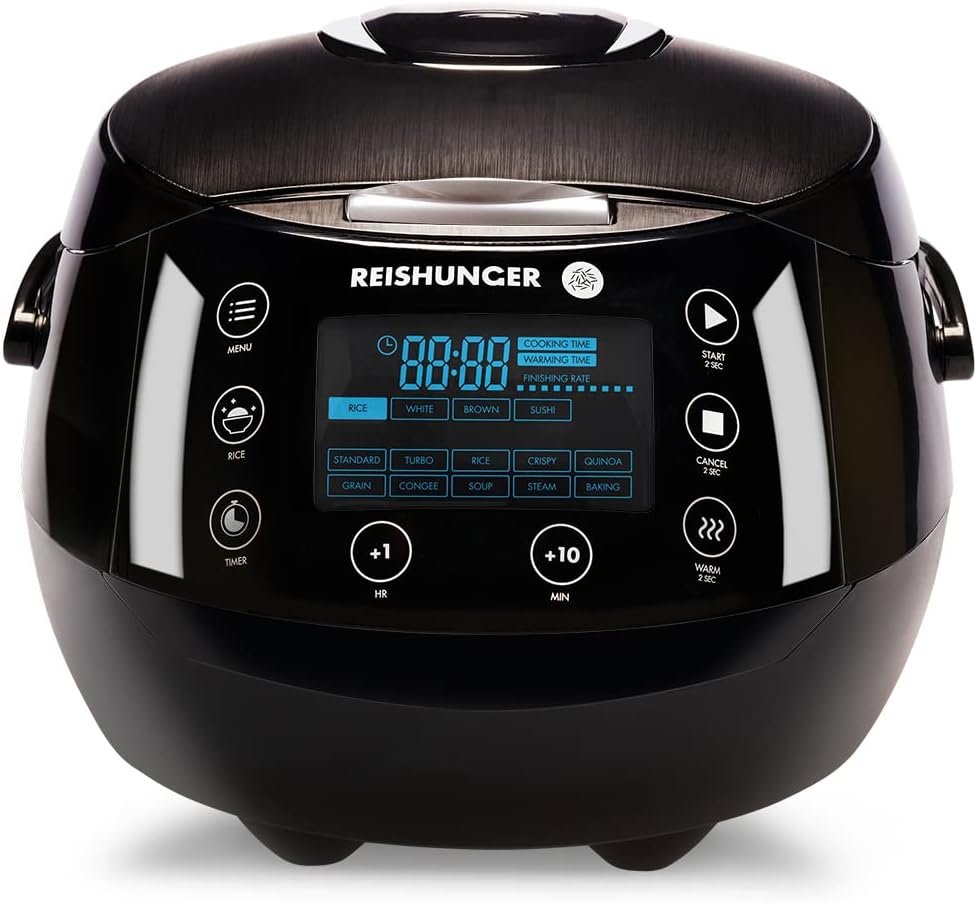 Reishunger Digital Rice Cooker and Steamer, Black, Timer - 8 Cups - Premium Inner Pot, Multi Cooker with 12 Programs  7-Phase Technology for Brown Rice, Soups, Grains, Oatmeal  more - 1-8 People