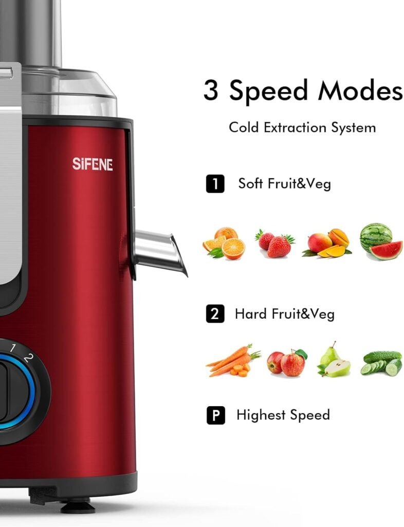 SiFENE Juicer Machine, 800W Centrifugal Juicer with 3.2 Big Mouth for Whole Fruits and Veggies, Juice Extractor Maker with 3 Speeds Settings, Easy to Clean, BPA Free (Red)