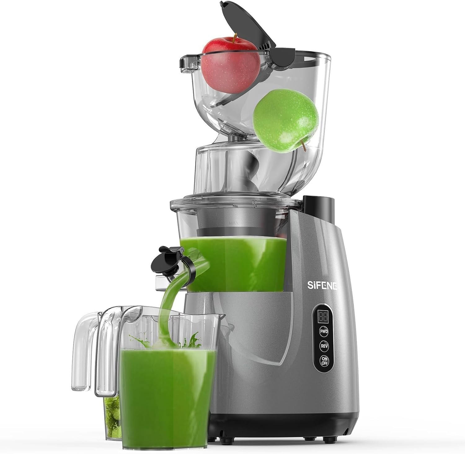 SiFENE Whole Fruit Cold Press Juicer Machine - Vertical Slow Masticating Juicer with Large 3.3in Feed Chute - Easy to Clean, Ideal for Whole Fruits  Vegetables, Gray