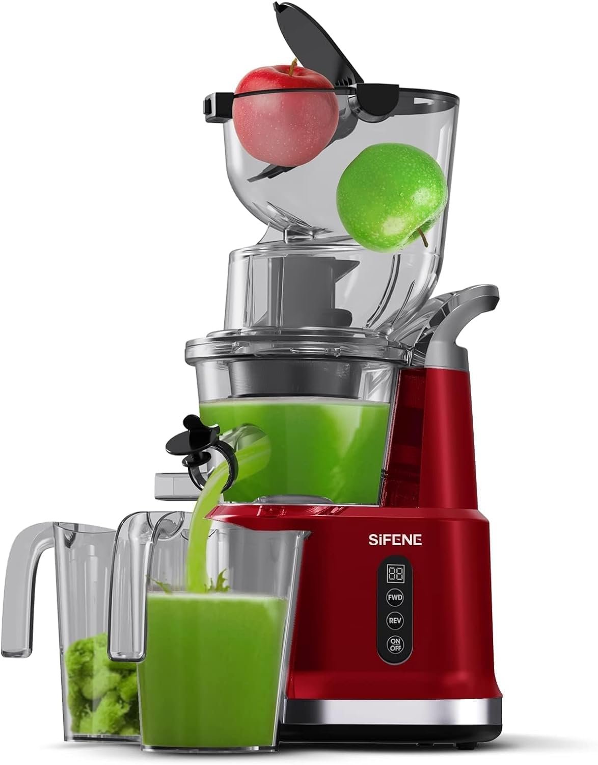 SIFENE Whole Juicer Machine, Vertical Cold Press Juicer with 3.2 Big Mouth, Easy to Clean, Extracts Juice from Whole Fruits and Vegetables - Red