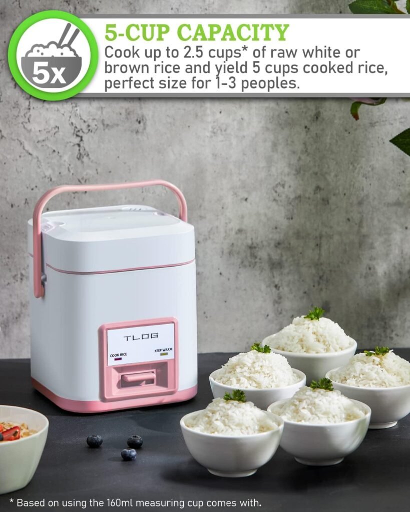 TLOG Mini Rice Cooker 2.5-Cup Uncooked(5-Cup cooked), Healthy Non-stick Coating 1.2L Small Rice Cooker for 1-3 People, Portable Travel Rice Cooker with Steam Tray, Rice Maker for Grains, White Rice, Oatmeal, Veggies