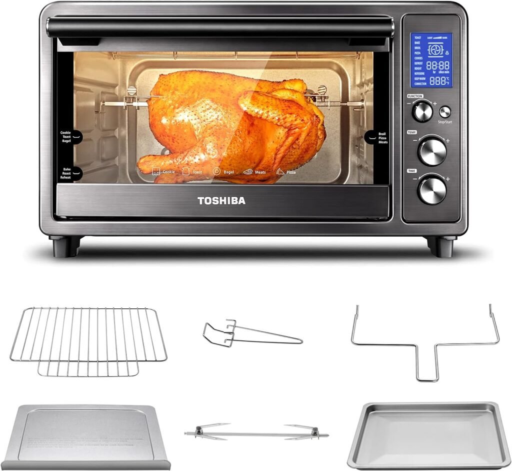 TOSHIBA AC25CEW-BS Large 6-Slice Convection Toaster Oven Countertop, 10-In-One with Toast, Pizza and Rotisserie, 1500W, Black Stainless Steel, Includes 6 Accessories