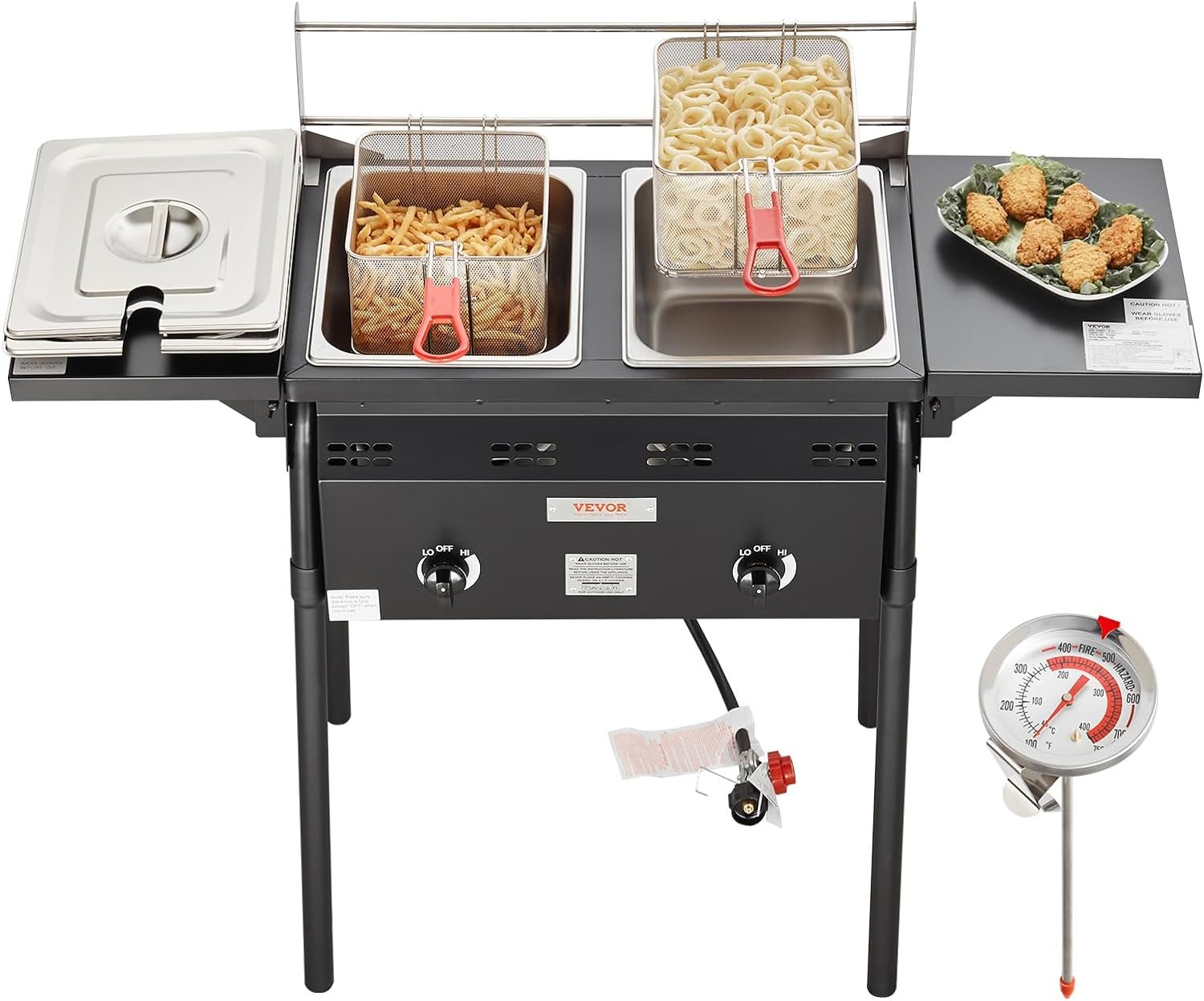 VEVOR Outdoor Propane Deep Fryer, Double Burners Commercial Fryer, 16 Qt Stainless Steel Cooker with Removable Baskets  Lids  Tanks, Oil Fryer Cart with Thermometer  Regulator, For Outdoor Cooking